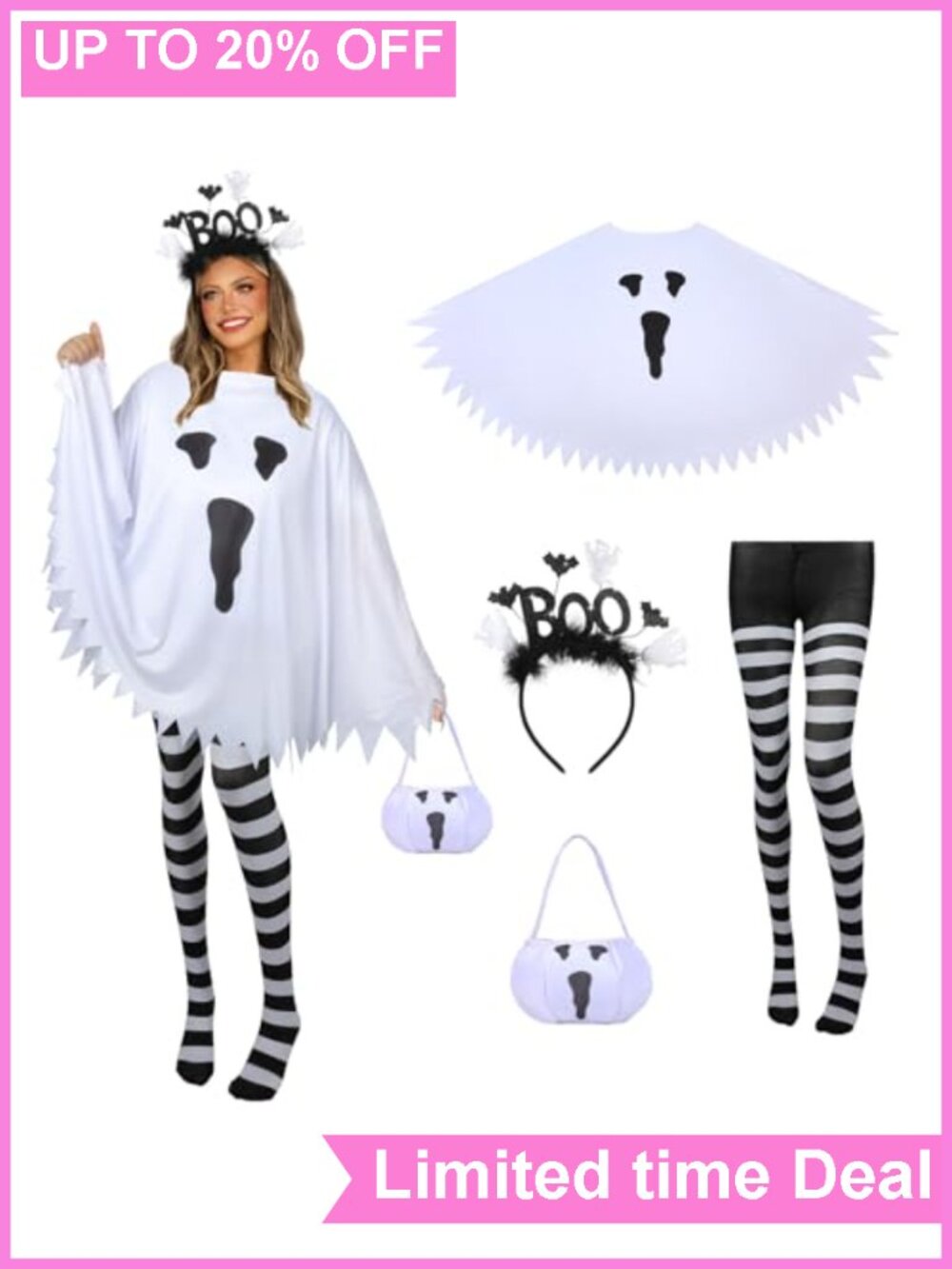 Ghost Poncho Costume Set with Candy Bag Headband & Striped Tights